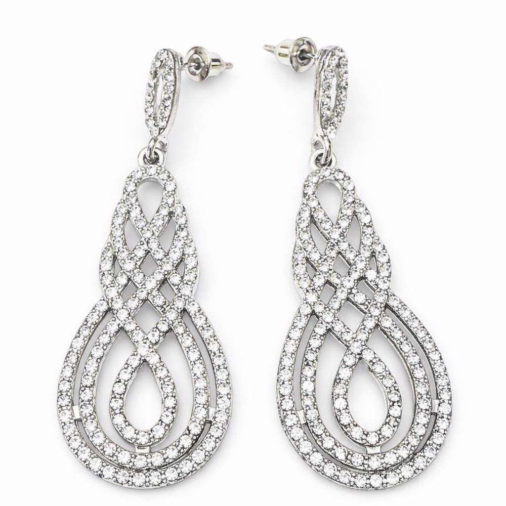 David Tutera Juliana Bridal Earrings in Silver with Pave Set Scroll Design - Picture 2 of 3